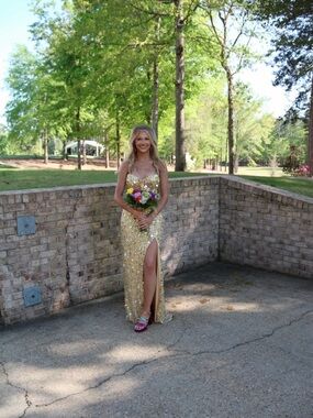 Gold Sequin Evening Gown with High Slit